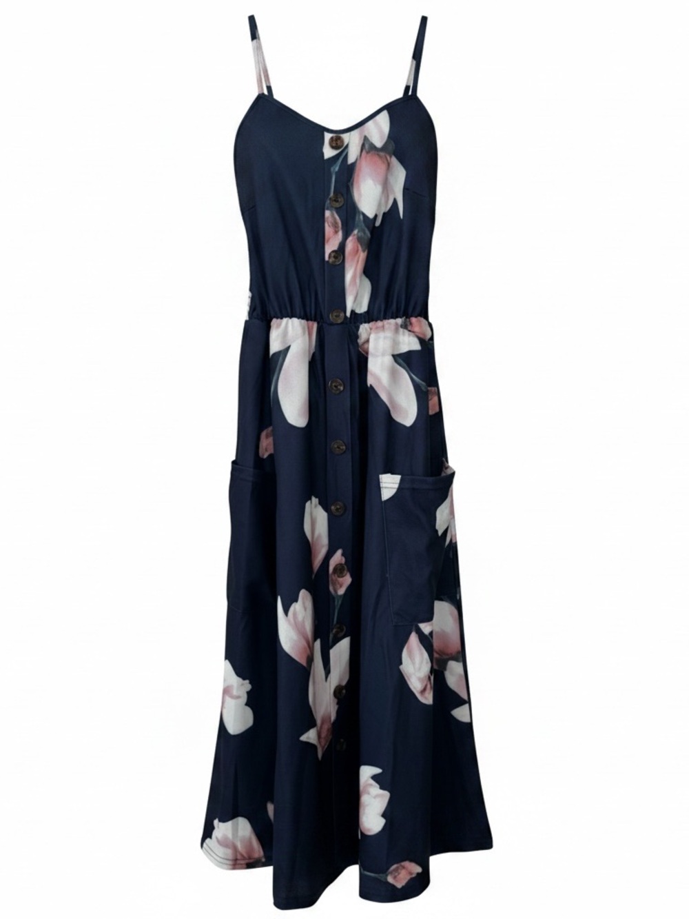 NWT Halife Navy Floral Button-Front Midi Dress with Adj Spaghetti Straps - Med